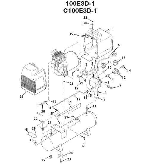 DEVILBISS MODEL 100E3D-1 OIL FREE AIR COMPRESSOR BREAKDOWN, REPLACEMENT PARTS, REPAIR KITS