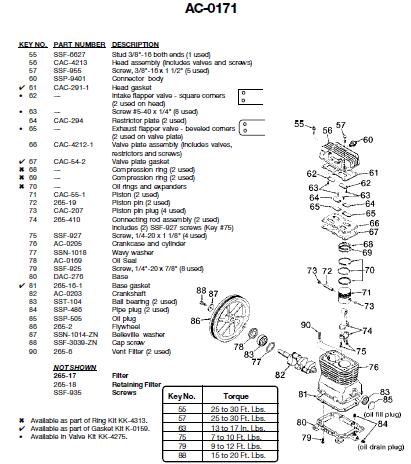 DEVILBISS Air Compressor AC-0171 Pump Parts, Breakdowns & Manual