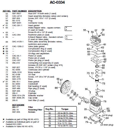 DEVILBISS Air Compressor AC-0334 Pump Parts, Breakdowns & Manual