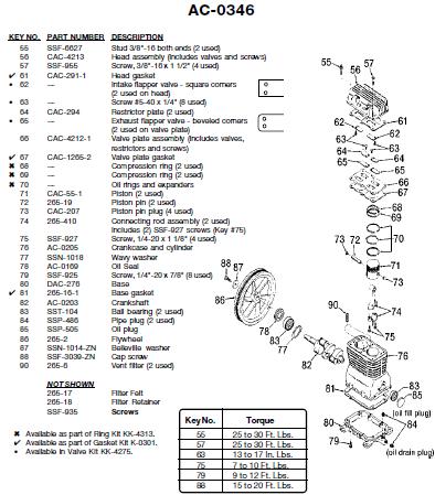 DEVILBISS Air Compressor AC-0346 Pump Parts, Breakdowns & Manual