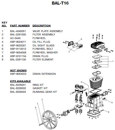  DEVILBISS Air Compressor BAL-T16 Pump Parts, Breakdowns & Manual