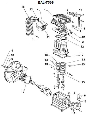 DEVILBISS Air Compressor BAL-T59S Pump Parts, Breakdowns & Manual