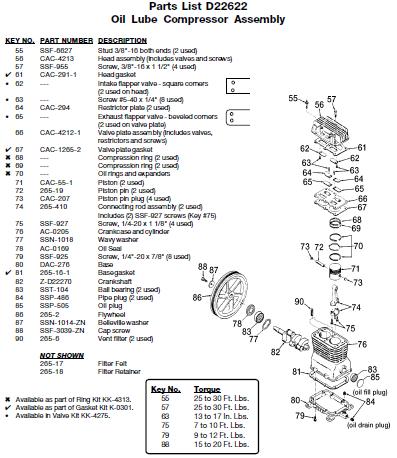  DEVILBISS Air Compressor D22622 Pump Parts, Breakdowns & Manual