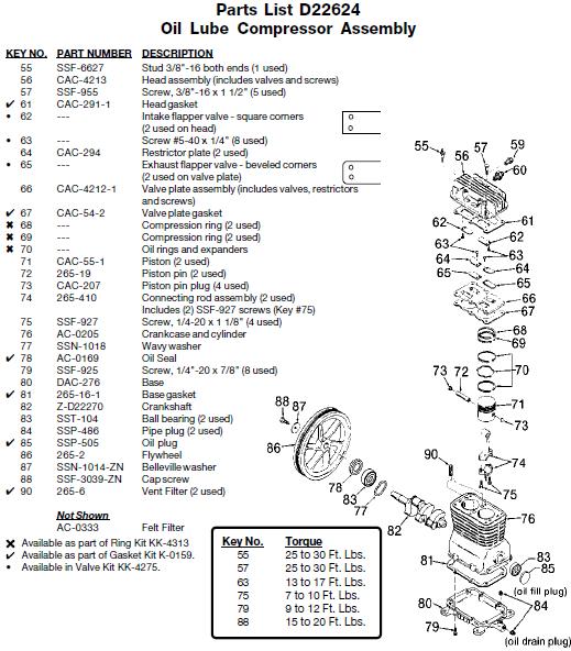 DEVILBISS Air Compressor D22624 Pump Parts, Breakdowns & Manual