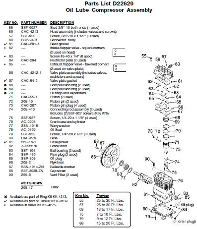  DEVILBISS Air Compressor Z-D22625 Pump Parts, Breakdowns & Manual