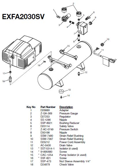 Devilbiss EXFA2030SV Air  Compressor Breakdown & Parts