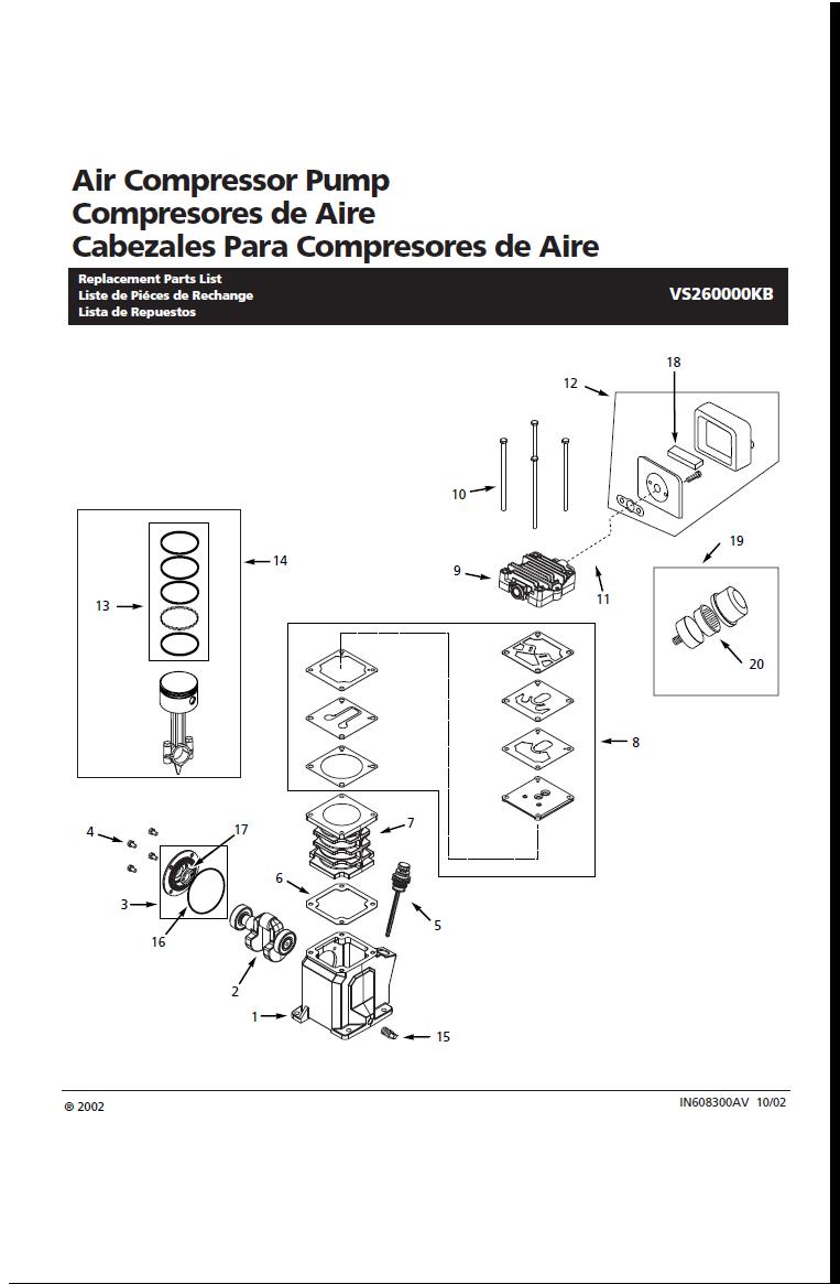 CAMPBELL HAUSFELD AIR COMPRESSOR VS260000KB PUMP PARTS,BREAKDOWN & OWNERS MAUNAL