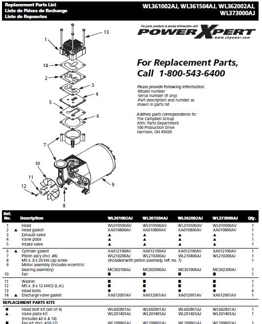 WL361002AJ AIR COMPRESSOR PUMP PARTS