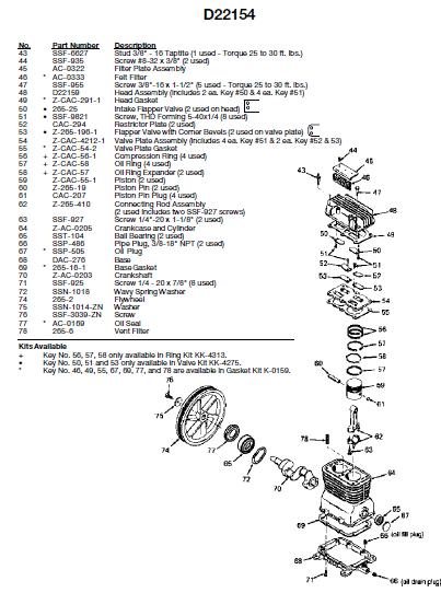 DEVILBISS Air Compressor D22154 Pump Parts, Breakdowns & Manual