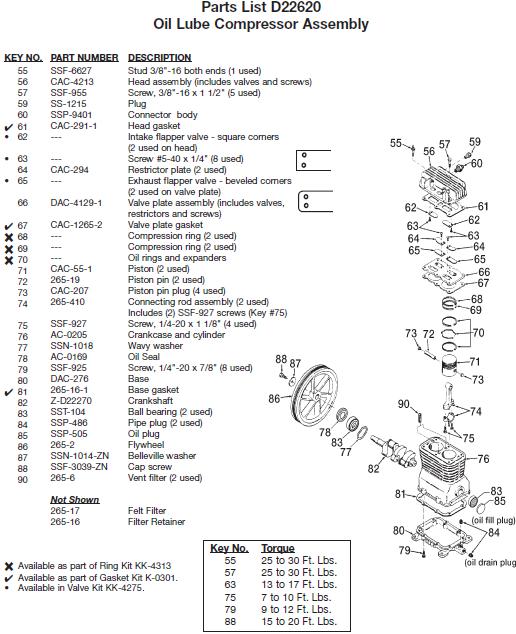 DEVILBISS Air Compressor D22620 Pump Parts, Breakdowns & Manual