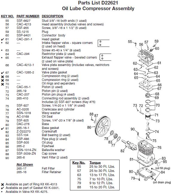 DEVILBISS Air Compressor D22621 Pump Parts, Breakdowns & Manual